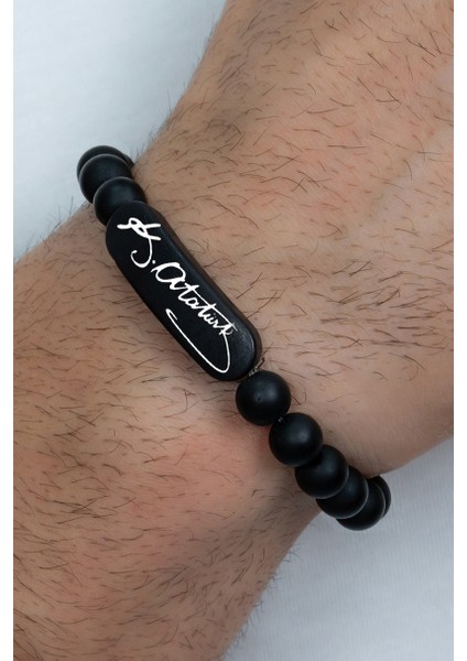 K. Atatürk İmzalı Mat Siyah Boncuk Taşlı Erkek / Kadın Bileklik bbb19cm