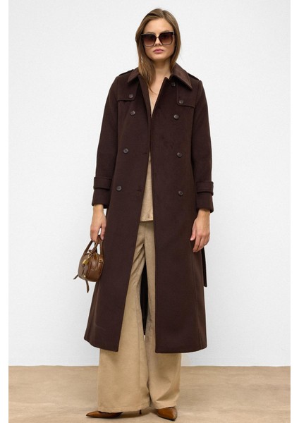 Pelerin Detaylı Kruvaze Uzun Boy Kaban Kahve 3087