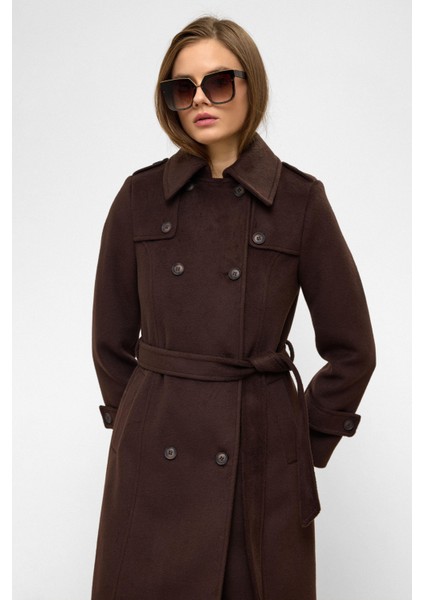 Pelerin Detaylı Kruvaze Uzun Boy Kaban Kahve 3087