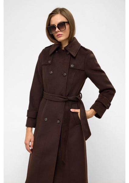 Pelerin Detaylı Kruvaze Uzun Boy Kaban Kahve 3087