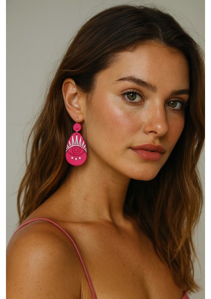 Eye Seri Göz Temalı Fuşya & Gümüş El Yapımı Tasarım Küpe