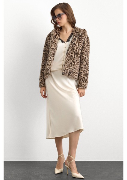 Kapüşonlu Leopar Desenli Suni Kürk Ceket Bej 1015 fiyatları