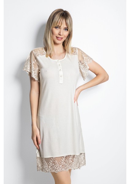 Monamise Önü Düğmeli Brode Dantelli Kısa Kollu Gecelik