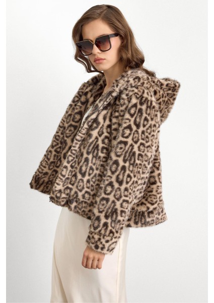 Kapüşonlu Leopar Desenli Suni Kürk Ceket Bej 1015 indirimleri