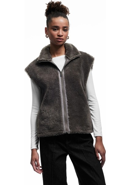 Kadın Fermuarlı Uzun Şal Yaka Peluş Yelek 6WAL20095IW