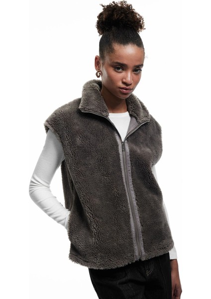 Kadın Fermuarlı Uzun Şal Yaka Peluş Yelek 6WAL20095IW fiyatları