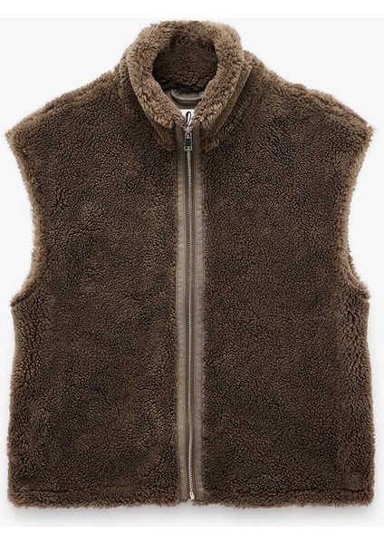 Kadın Fermuarlı Uzun Şal Yaka Peluş Yelek 6WAL20095IW fırsatları