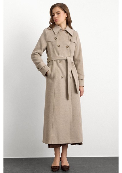 Pelerin Detaylı Kruvaze Uzun Boy Kaban Taş Melanj 3087