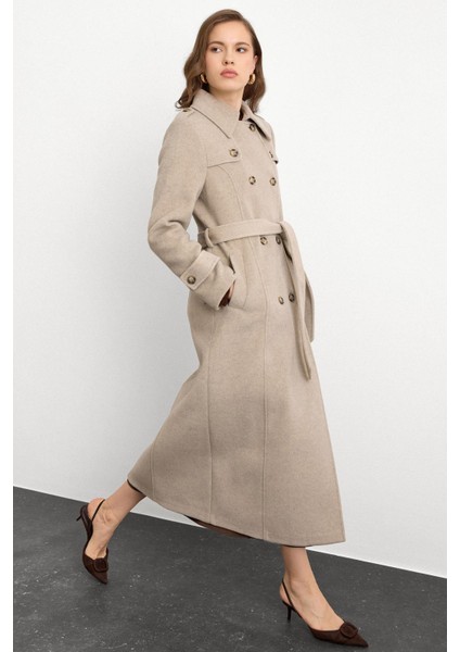 Pelerin Detaylı Kruvaze Uzun Boy Kaban Taş Melanj 3087 modelleri