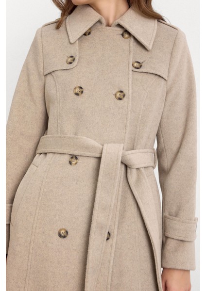 Pelerin Detaylı Kruvaze Uzun Boy Kaban Taş Melanj 3087