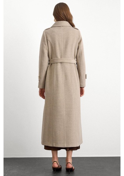 Pelerin Detaylı Kruvaze Uzun Boy Kaban Taş Melanj 3087