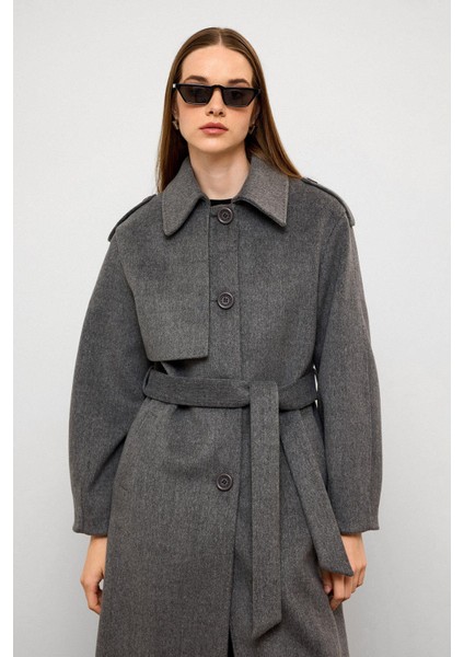 Gömlek Yaka Punto Dikiş Detaylı Premium Kaban Gri 3125