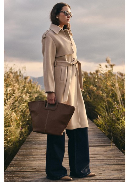 Gömlek Yaka Punto Dikiş Detaylı Premium Kaban Bej 3125