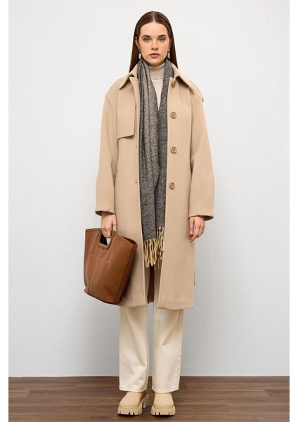 Gömlek Yaka Punto Dikiş Detaylı Premium Kaban Bej 3125