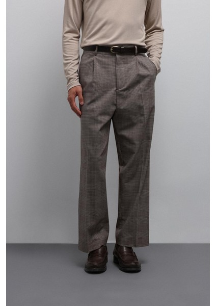 Kahve Relax Fit Ekoseli Erkek Pantolon