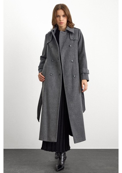 Pelerin Detaylı Kruvaze Uzun Boy Kaban Koyu Gri 3087 indirimleri