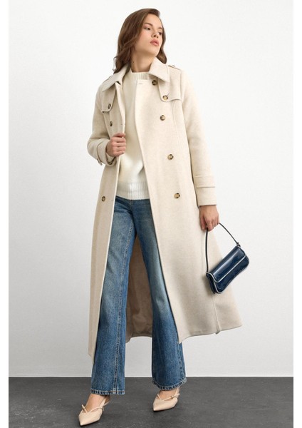 Pelerin Detaylı Kruvaze Uzun Boy Kaban Bej Melanj 3087 modelleri