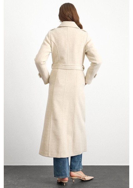 Pelerin Detaylı Kruvaze Uzun Boy Kaban Bej Melanj 3087