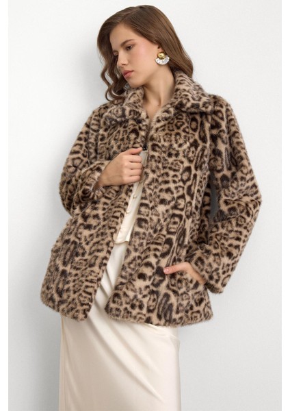 Gömlek Yaka Leopar Desenli Suni Kürk Ceket Bej 1016 modelleri