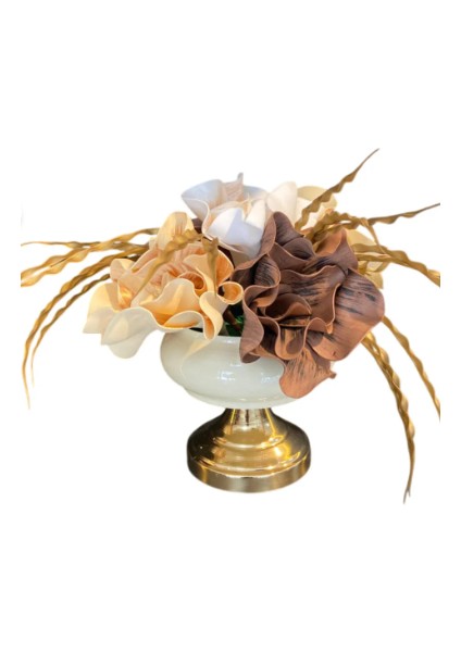 Krem - Gold Vazolu Lüks Yapay Çiçek Aranjmanı | Salon ve Masa Üstü Dekoratif Şık Tasarım