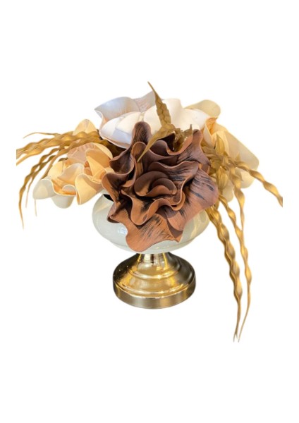 Krem - Gold Vazolu Lüks Yapay Çiçek Aranjmanı | Salon ve Masa Üstü Dekoratif Şık Tasarım modelleri