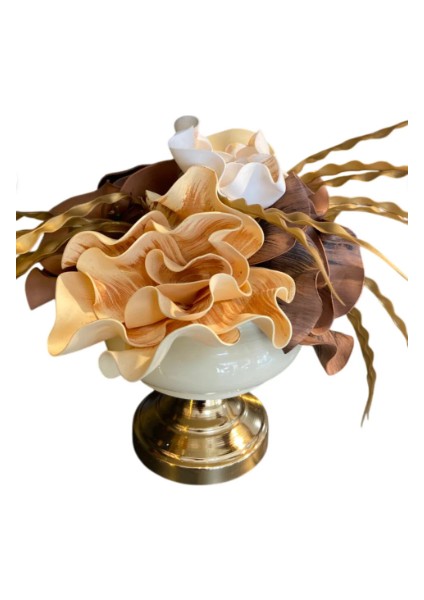 Krem - Gold Vazolu Lüks Yapay Çiçek Aranjmanı | Salon ve Masa Üstü Dekoratif Şık Tasarım fırsatları