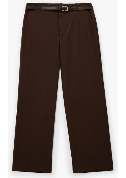 Kadın Kemer Detaylı Cepli Geniş Paça Viskon Karışımlı Kumaş Pantolon 6WAL40022IW