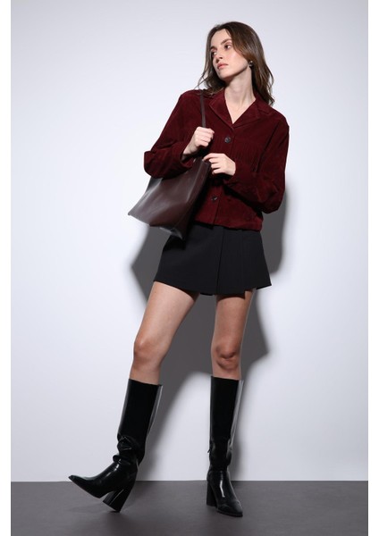 Bordo Püskül Detaylı Süet Kadın Ceket
