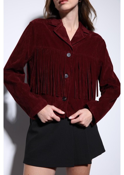 Bordo Püskül Detaylı Süet Kadın Ceket indirimleri