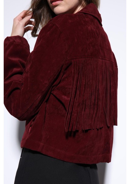 Bordo Püskül Detaylı Süet Kadın Ceket