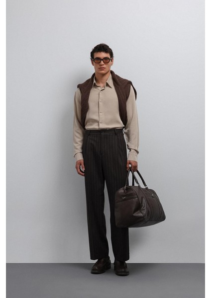 Kahve Relax Fit Çizgili Erkek Pantolon