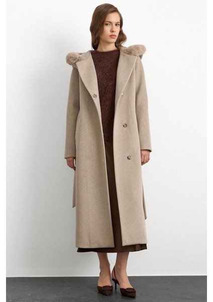 Kürklü Kapüşonlu Beli Bağlamalı Uzun Kaban Taş 3107 fiyatları