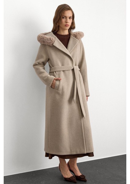 Kürklü Kapüşonlu Beli Bağlamalı Uzun Kaban Taş 3107 indirimleri