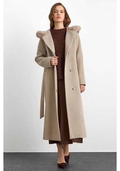 Kürklü Kapüşonlu Beli Bağlamalı Uzun Kaban Taş 3107