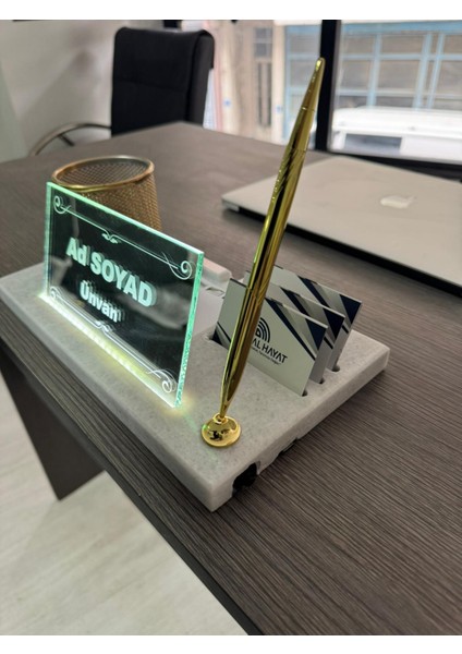 Mermer Desenli Ayna Masa Isimli-Kalemlik ve Kartvizitlikli Kişiye Özel Ofis Seti fiyatları