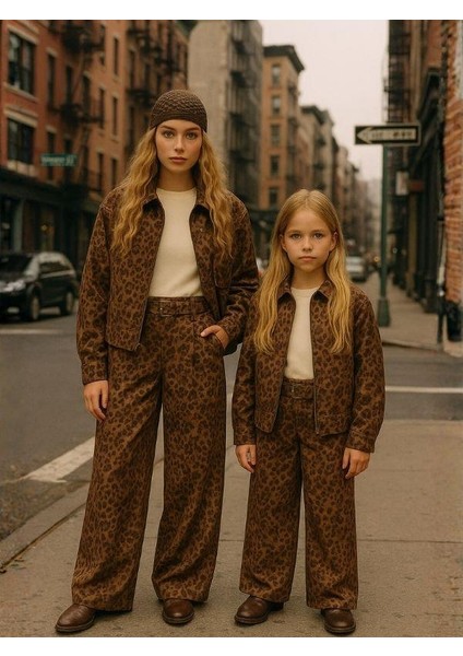 Kız Çocuk Leopar Desenli Süet Geniş Paça Tasarım Pantolon