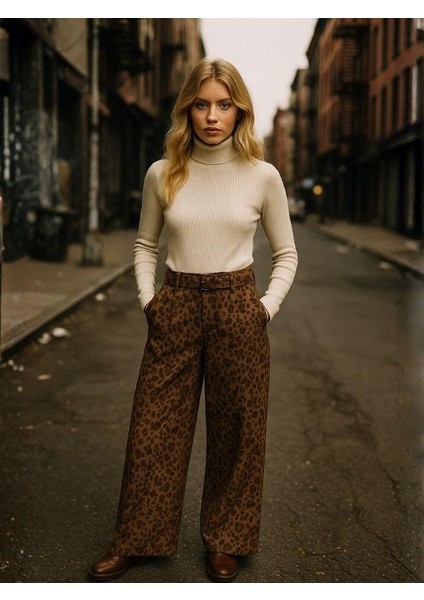 Kız Çocuk Leopar Desenli Süet Geniş Paça Tasarım Pantolon modelleri