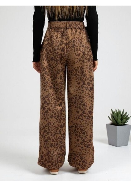 Kız Çocuk Leopar Desenli Süet Geniş Paça Tasarım Pantolon