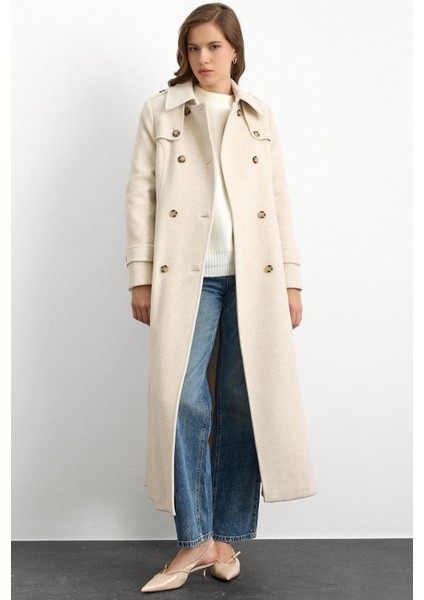 Pelerin Detaylı Kruvaze Uzun Boy Kaban Bej Melanj 3087