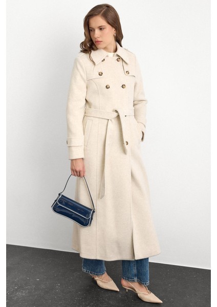 Pelerin Detaylı Kruvaze Uzun Boy Kaban Bej Melanj 3087 fırsatları