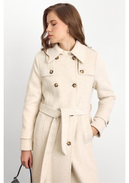 Pelerin Detaylı Kruvaze Uzun Boy Kaban Bej Melanj 3087 indirimleri