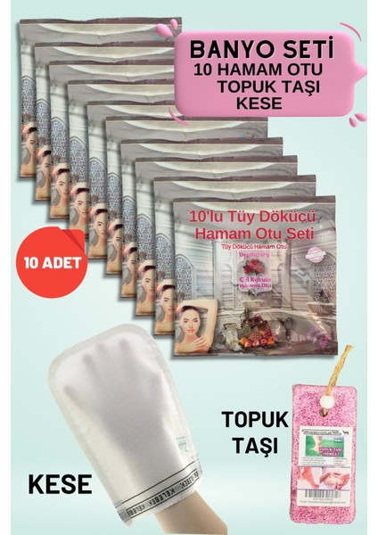 10 Paket Doğal Hamam Otu Toz ve Bakım Seti, Kesesi ve Topuk Taşı Hediye