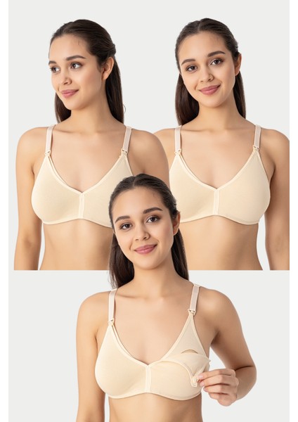 3'lü Ten Kadın Pamuklu Likralı Esnek Rahat Balensiz Kapsız Hamile Emzirme Sütyeni