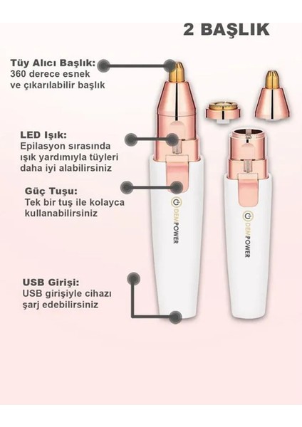 Iki Başlıklı Yüz ve Kaş Tüy Alıcı Epilasyon Cihazı, Beyaz Renk modelleri