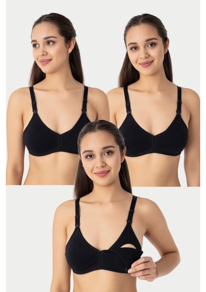 3'lü Siyah Kadın Pamuklu Likralı Esnek Rahat Balensiz Kapsız Hamile Emzirme Sütyeni