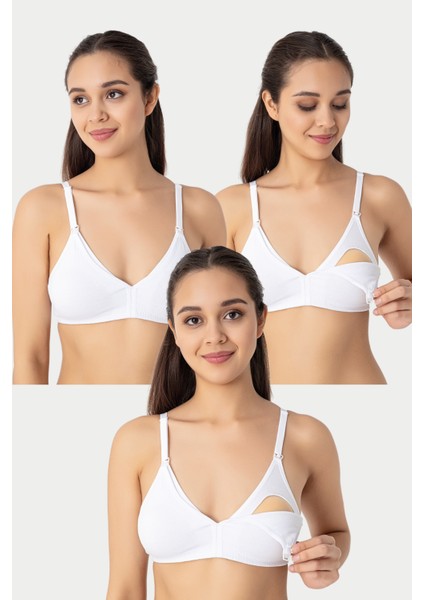 3'lü Beyaz Kadın Pamuklu Likralı Esnek Rahat Balensiz Kapsız Hamile Emzirme Sütyeni