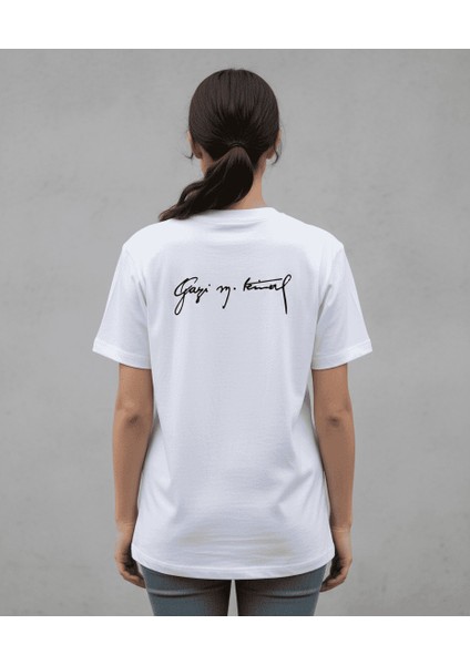 Atatürk Özel Tasarım Ön ve Arka Baskılı Tişört – Beyaz %100 Pamuklu fırsatları