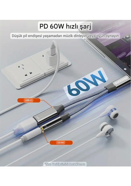 2'si 1 Arada Type-C To 3.5mm+60W Hızlı Şarj ve Kulaklık Çevirici DAC Çip+Hi-Fi Ses Teknolojisi Ce Lisanslı Sertifikalı Hasır Örgülü Sağlam Kablo modelleri