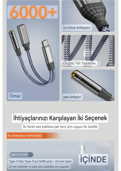 2'si 1 Arada Type-C To 3.5mm+60W Hızlı Şarj ve Kulaklık Çevirici DAC Çip+Hi-Fi Ses Teknolojisi Ce Lisanslı Sertifikalı Hasır Örgülü Sağlam Kablo fırsatları