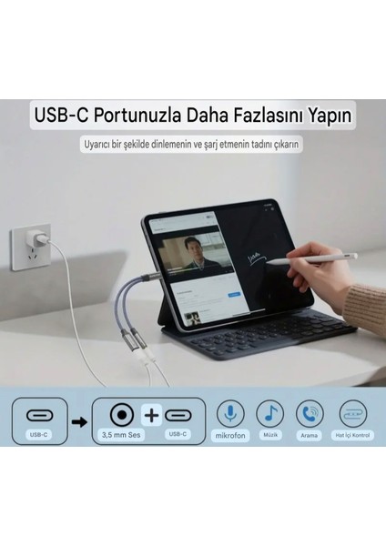 2'si 1 Arada Type-C To 3.5mm+60W Hızlı Şarj ve Kulaklık Çevirici DAC Çip+Hi-Fi Ses Teknolojisi Ce Lisanslı Sertifikalı Hasır Örgülü Sağlam Kablo